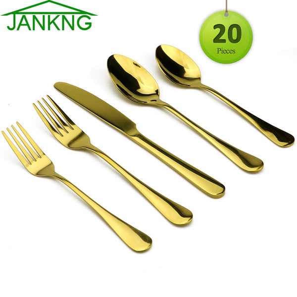 JANKNG 20-Piece Gold Dinnerware Wedding Golden Travel Cutlery Stainless Steel Tableware Knife Fork Scoops Silverware for 4