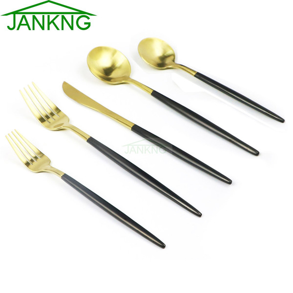 JANKNG 20-Piece Dinnerware Service for 4 Rose Gold Black 304 Stainless Steel Cutlery Knife Fork Silverware Dinner Tableware