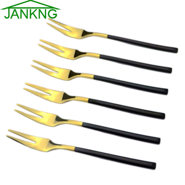 JANKNG 6 Pcs/Lot Luxury 24K Gold Stainless Steel Fruit Tableware Cutlery Set Summer Black Handle Flatware Set Dessert Cake Fruit Picks