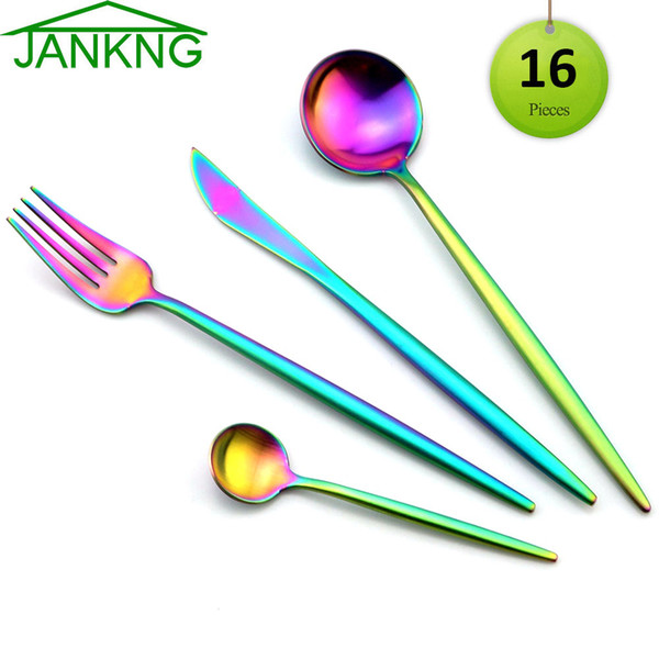 JANKNG 16-Piece Cutlery Silverware Set Rainbow Dinnerware Set 304 Stainless Steel Steak Fork Knives Tableware Cutlery Dinner Set