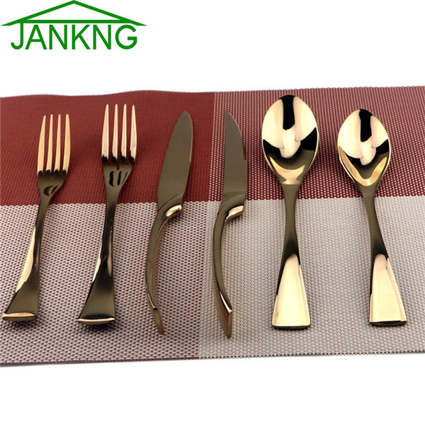 JANKNG 6Pcs/Lot Rose Gold Cutlery 18/10 Stainless Steel Dinnerware Set Knife Scoops Silverware Set Fork Tableware Set Dessert Fork