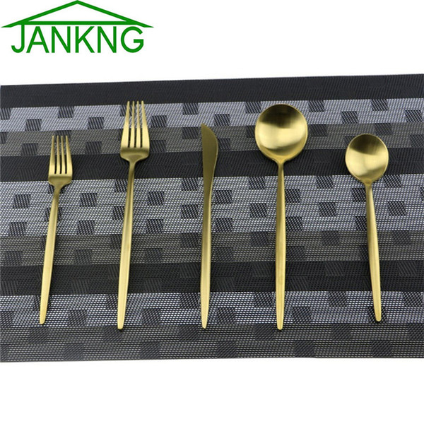 JANKNG Dinnerware Set 18/10 Stainless Steel Matte Gold Kitchen Utensil Serving Set of Dinner Fork Knife Salad Fork Dessert Cutlery