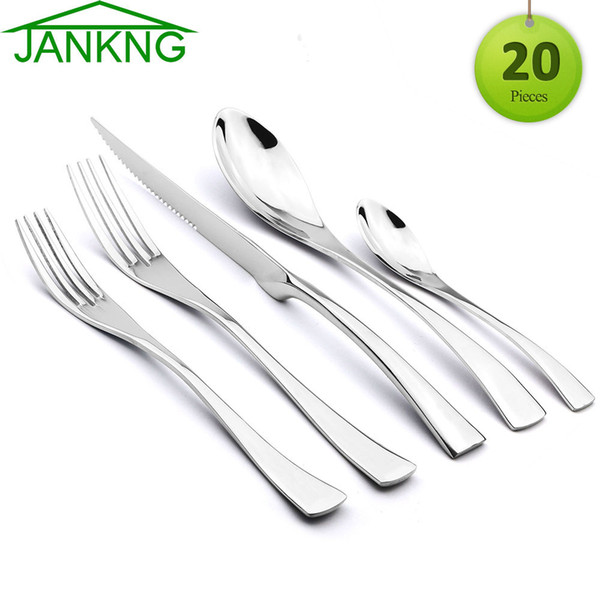 JANKNG 20Pcs/Set Cutlery Set 18/10 Stainless Steel Dinnerware Serrated Sharp Steak Knife Tableware Set Service For 4