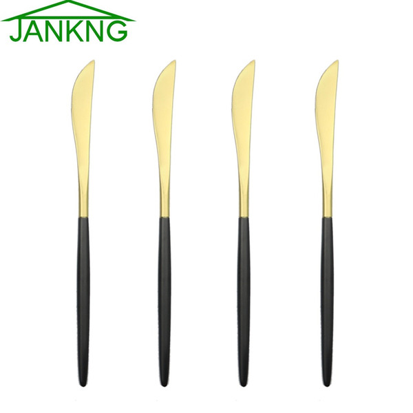 JANKNG 4Pcs/Lot Luxury Gold Dinner Knife Stainless Steel Flatware Knife Set Black Butter Tableware Cutlery Steak Knives Set