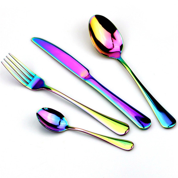 4Pcs/Set Cutlery Set Multicolored Rainbow Stainless Steel Knife Fork Dinnerware Set Mirror Silverware Tableware Set for 1