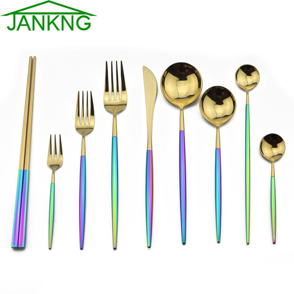 JANKNG 20-Piece Gold Rainbow Silverware Set 18/10 Stainles Steel Dinnerware Set Blazing Colorful Tableware Cutlery Set Service 4