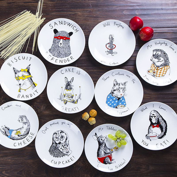 European Style 8*inch Dia Bone China Ceramic Flat Plates Cartoon Pattern Porcelain Tableware Salad Sushi Cake dish free shipping