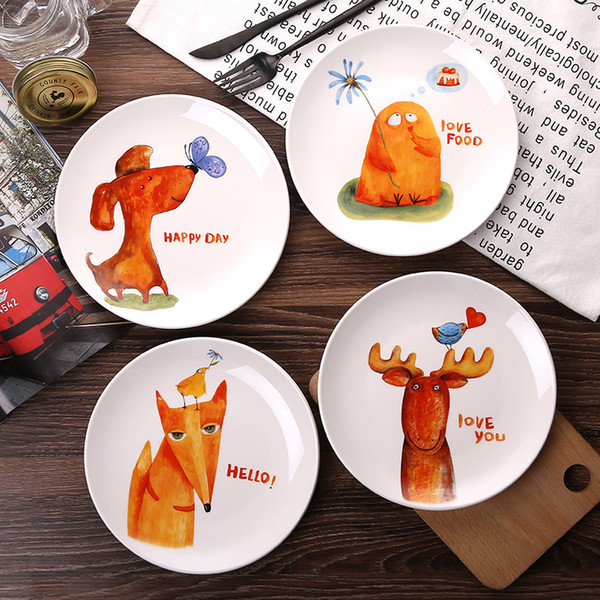 Fashion Style 8*inch Dia Bone China Ceramic Flat Plates Cartoon Pattern Porcelain Tableware Salad Sushi Cake dish free shipping