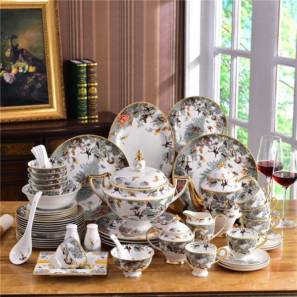 Porcelain dinnerware set bone china zoology animal design embossed outline in gold 58pcs dinnerware s coffee sets wedding