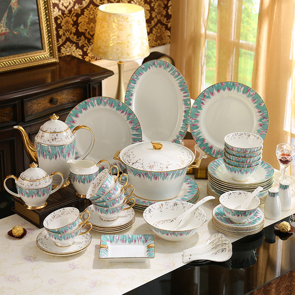 Porcelain dinnerware set bone china green flower design outline in gold 58pcs 43pcs dinnerware sets housewarming wedding gifts