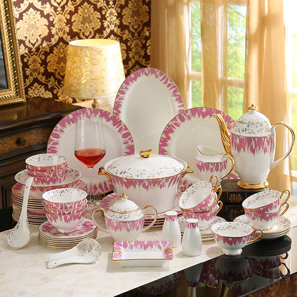 Porcelain dinnerware set bone china pink flower design outline in gold 43pcs 58pcs dinnerware sets housewarming wedding gifts