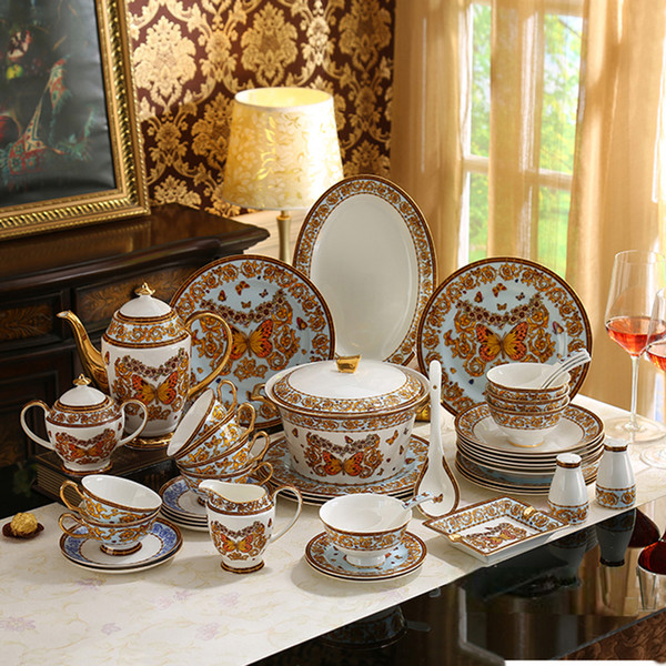 Porcelain dinnerware set bone china Butterfly animal design embossed outline in gold 58pcs dinnerware s coffee sets wedding