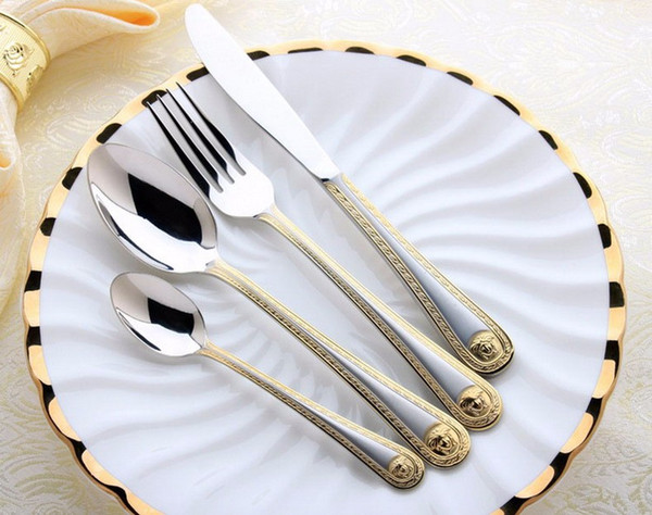 Wholesale 4Pcs Medusa Head Gold Cutlery Stainless Steel Flatware Set Tableware Dinnerware Knife Spoon Fork New