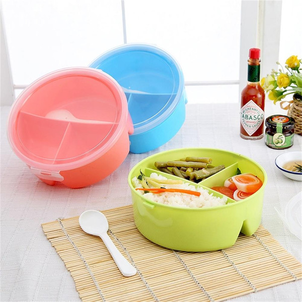 Adeeing Portable Microwavable Round Lunch Boxes for Kids with 3 Partition Grids Picnic Bento Food Container Storage with Spoon