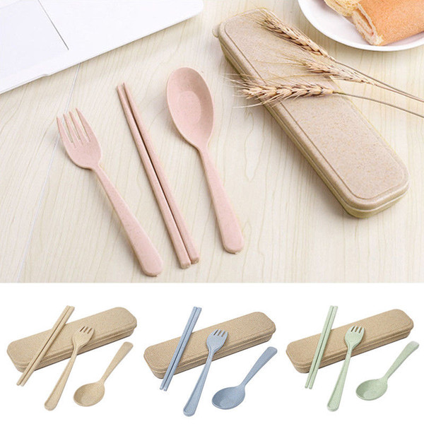 3 Pcs/set Wheat Straw Travel Tableware Cutlery Set With Dinnerware Case Cutlery Set Portable FFA380