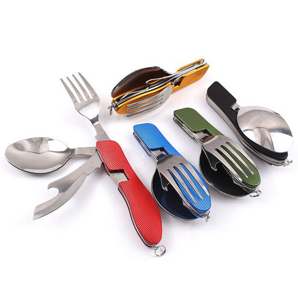 Hot Multifunction Outdoor Camping Picnic Tableware Stainless Steel Cutlery 4In 1Folding Fork Knife &Bottle Opener Dinnerware