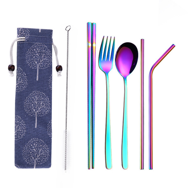 6pcs/set Reusable 304 Stainless Steel Metal Straw Portable Spoon Fork Chopsticks Set for Travel Outdoor Dinnerware with Pack