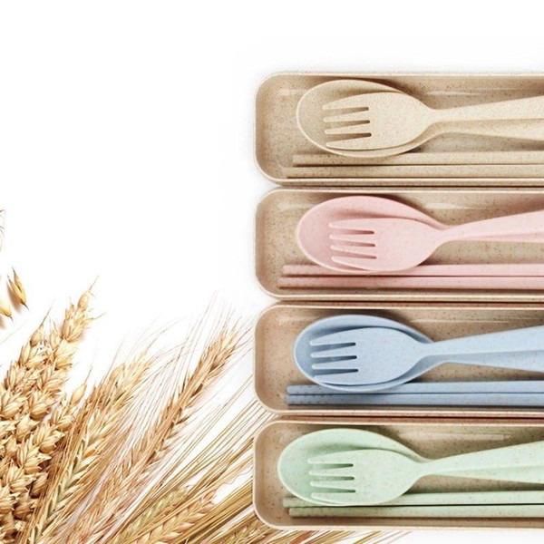 3 Pcs/set Wheat Straw Travel Tableware Cutlery Set With Dinnerware Case Cutlery Set Portable FFA380