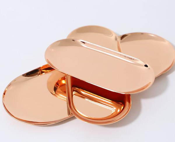 rose gold colour Colorful Metal Storage Tray Gold Oval Dotted Fruit Plate Small Items Jewelry Display Tray