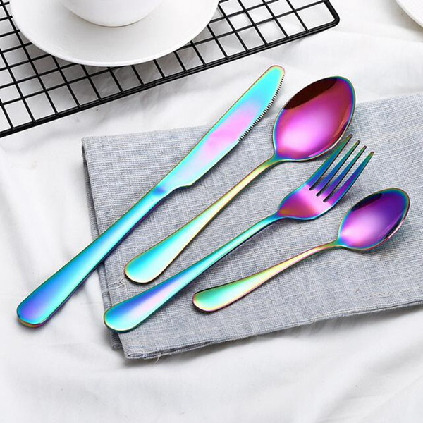 Luxury Metal Tableware Set Fork Knife Spoon Dinnerware Set With 3 Colors Gold Rose Gold Rainbow Stainless Steel Flatware As Table Tool