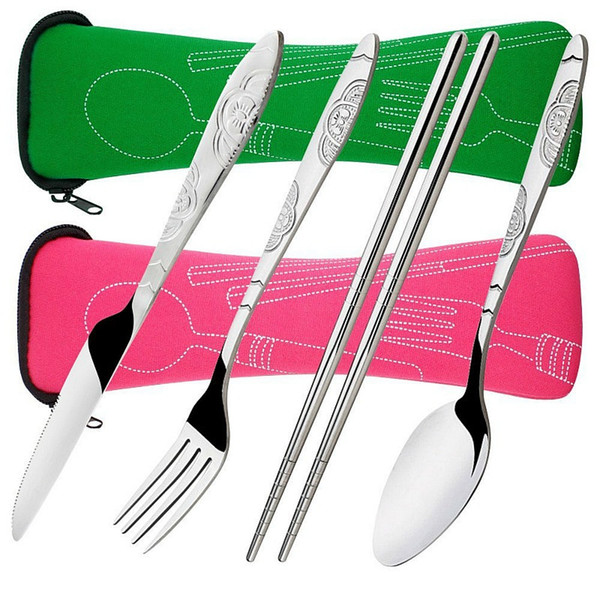 4 Piece Stainless Steel (Knife, Fork, Spoon, Chopsticks) Lightweight, Travel / Camping Cutlery Set with Neoprene Case