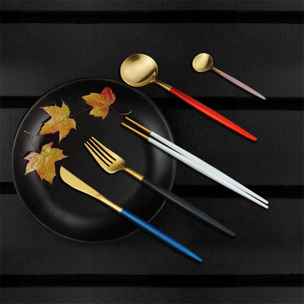 24Pcs/set Dinnerware Set 304 Stainless Steel Black Cutlery Set Knife Fork Set Tableware Gold Plate Drop Shipping