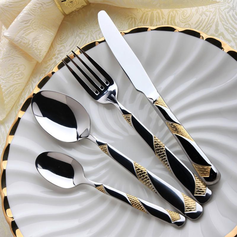 Wholesale-2015 Hot Sale Bento Free Shipping 24k Gold Plated Top Quality Stainless Steel Cutlery Tableware 4piece Set Spoon Knife And Fork