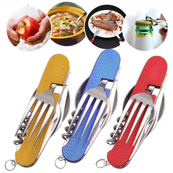 Multifunction Outdoor Camping Picnic Tableware Stainless Steel Cutlery Sets 4 in 1 Folding Fork Knife&Bottle Opener Dinnerware