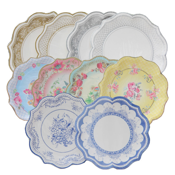 10 Colors 12pcs/lot Retro Paper Plates Party Decoration Supplies Vintage Flowers Birds Disposable Tableware Paper Plates