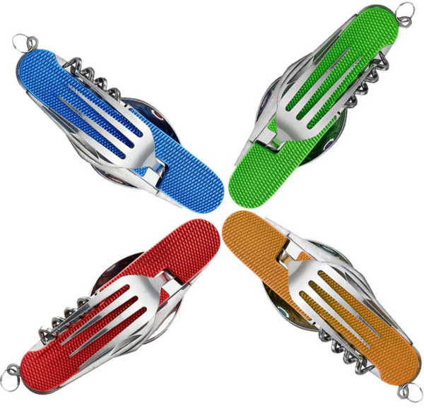 Multifunction Outdoor Camping Picnic Tableware Stainless Steel Cutlery Sets 4 in 1 Folding Fork Knife&Bottle Opener Dinnerware SN2744