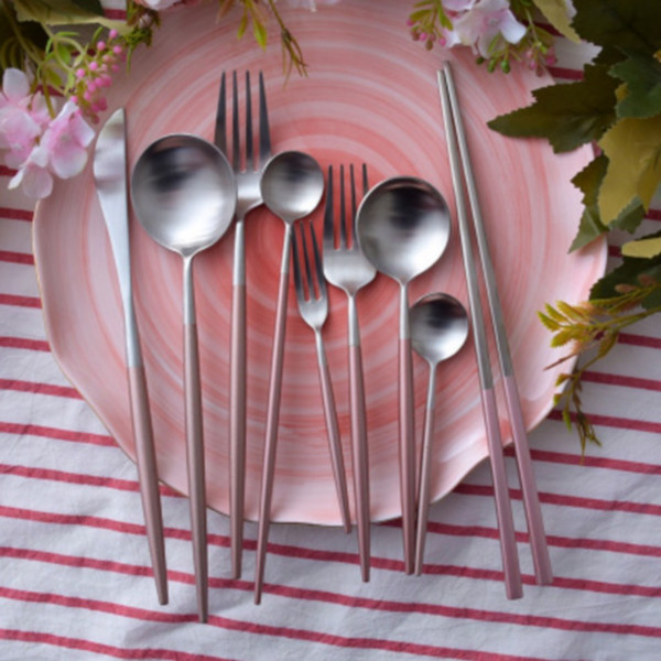 8 Designs Outdoor Tableware Stainless Steel Dinnerware Western Knife Fork Teaspoon With Pink Stoving Varnish Handle Dinner Accessory