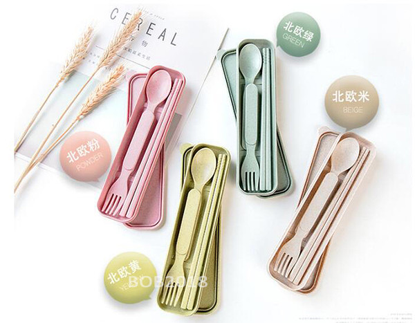 Travel Tableware Made From Wheat Straw Fork Spoon and Chopsticks in a Box Environment Friendly Portable Travel Cutlery Set Camping Tableware