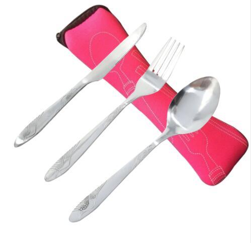 wholesale hot sale Dinnerware Set Stainless Steel Fork Cutlery Reusable Outdoor Camping Portable Bag Picnic Tableware