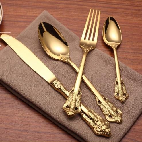 Vintage Western Gold Plated Dinnerware Dinner Fork Knife Set Golden Cutlery Set Stainless Steel 4 Pieces Engraving Tableware wn584 20set