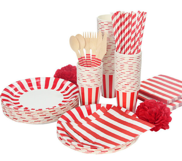 Promotion White & Red Lovely Stripe Tableware Party plate cups napkins paper straw Cutlery Set Knives Forks Spoons