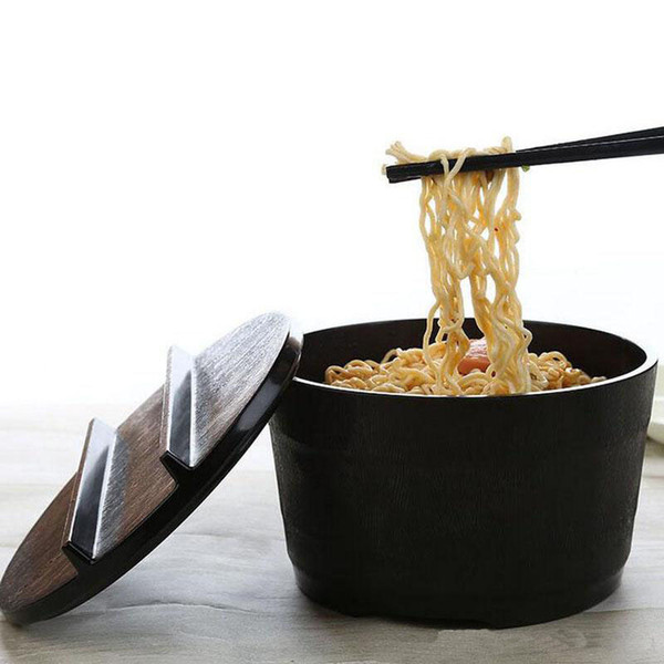 Japanese Soup Noodle Bowl With Lid Black Matte Wood Grain Large Ramen Melamine Bowl Food Container Tablewar GBN-010