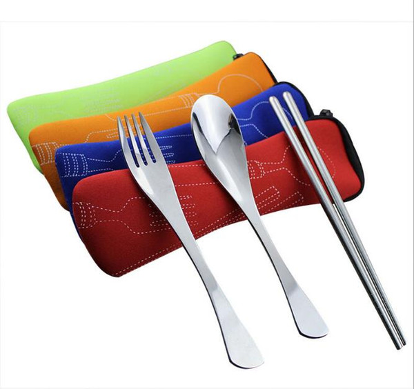 wholesale hot sale Dinnerware Set Stainless Steel Fork Cutlery Reusable Outdoor Camping Portable Bag Picnic Tableware