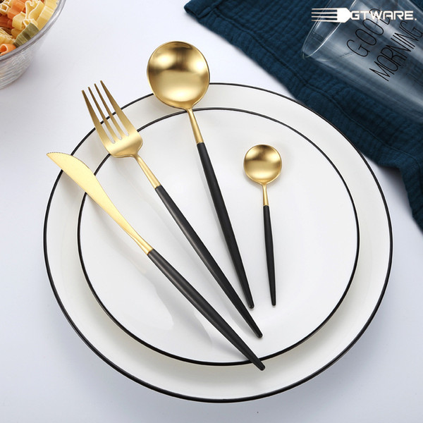 4PCS/Set Tableware Stainless Steel Spoons Forks Knives Kit White Gold Flatware Sets Food Grade Cutlery For Dinner Table Black White