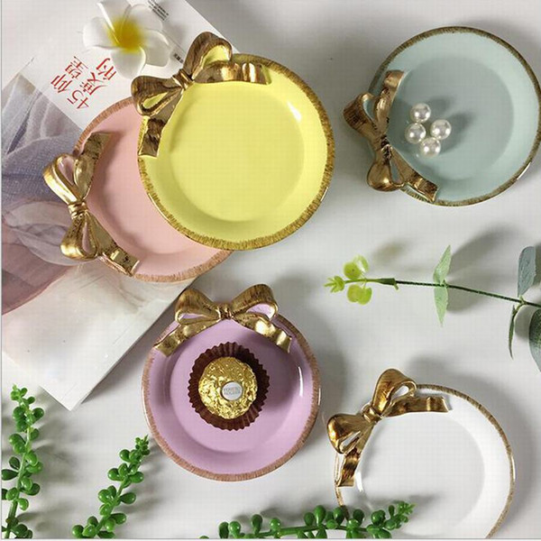 Lot Coloful Golden Bowknot Resin Tray Table Decoration Dish Cake Plate Dessert Coffee Cup Holder Party Wedding Ornament Gift