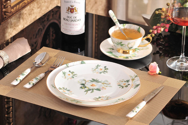 8-Pcs Bone China Dinnerware Set With Dinner Plates,Salad Plates,Knife,Fork,Tea Cup,Saucer,Coffee Spoon,Dinner Spoon