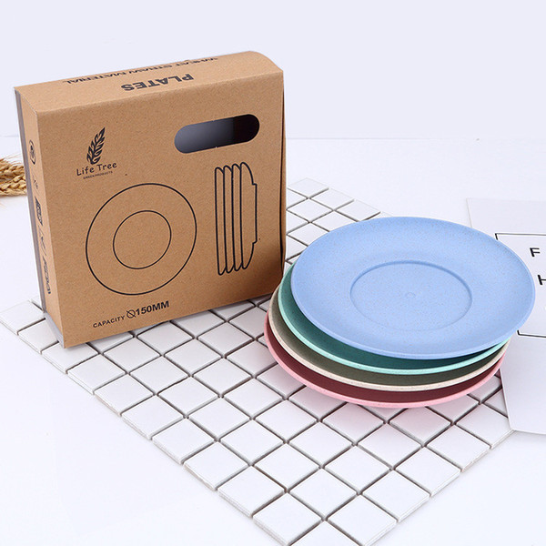 6 Inches Plastic Plates Plastic Dishes 4 Colors Reusable Wheat Straw and Plastic Round Dishes Set