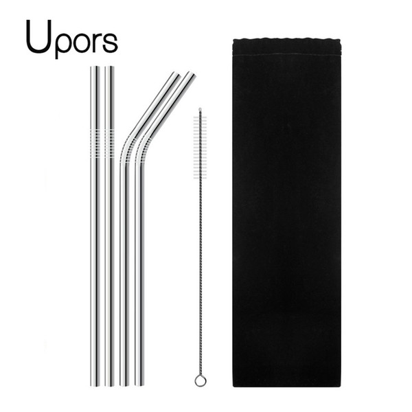 UPORS 304 Stainless Steel Straws Reusable High Quality Straw Bent Metal Silver Drinking Straw with Brush 4Pcs Dropshipping C18112301