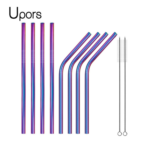 2Pcs High Quality Colorful Straw 304 Stainless Steel Straws Reusable Bent Metal Drinking Straw with Cleaner Brush C18112301