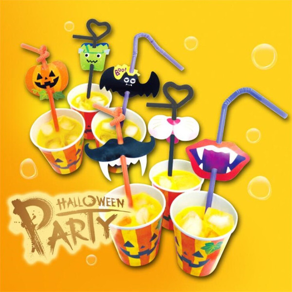 Hot Halloween fun straw Fashion disposable plastic color straw cute cartoon style party supplies Each pack 12 T7I092