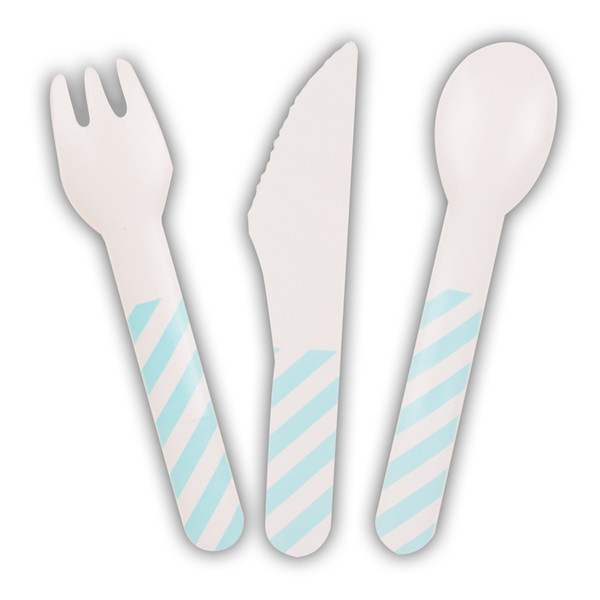 Eco Friendly Light Blue Paper Spoons Forks for Happy Birthday Party Decorations ,Disposable Paper Utensil Chevron Striped Printed 7200pcs