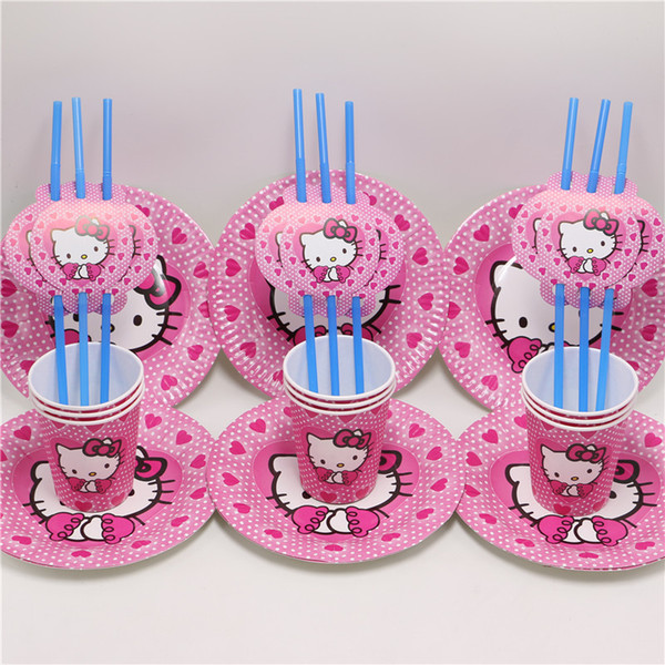 Wholesale-30pcs\lot happy birthday party supplies decoration plate baby shower cup hello kitty straws kids favors disposable paper dish