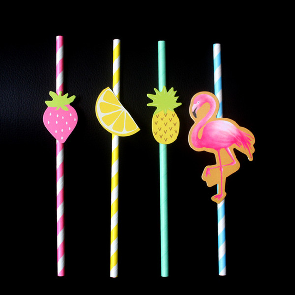 Free shipping 10Pcs/lot Flamingo Strawberry Lemon Pineapple cocktail Paper Straws For Hawaii Theme Party Wedding Decoration Fruit Drinks