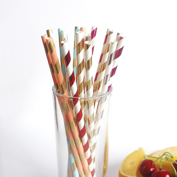 Hot Sell Film Gilding Paper Straw Gold Striped Paper Straw Colorful Disposable Kitchen Supplies Cups & Straws