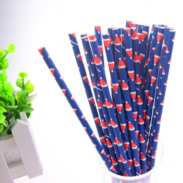 25pcs Paper Drinking Straws Navy with Santa Hats for Christmas Wedding Party Supplies Decoration Biodegradable Disposable