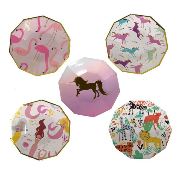 Unicorn Flamingo Mermaid Paper Tray Gilding Disposable Party Plates Ten Sided Shape Cake Dishes Festival Furnishings